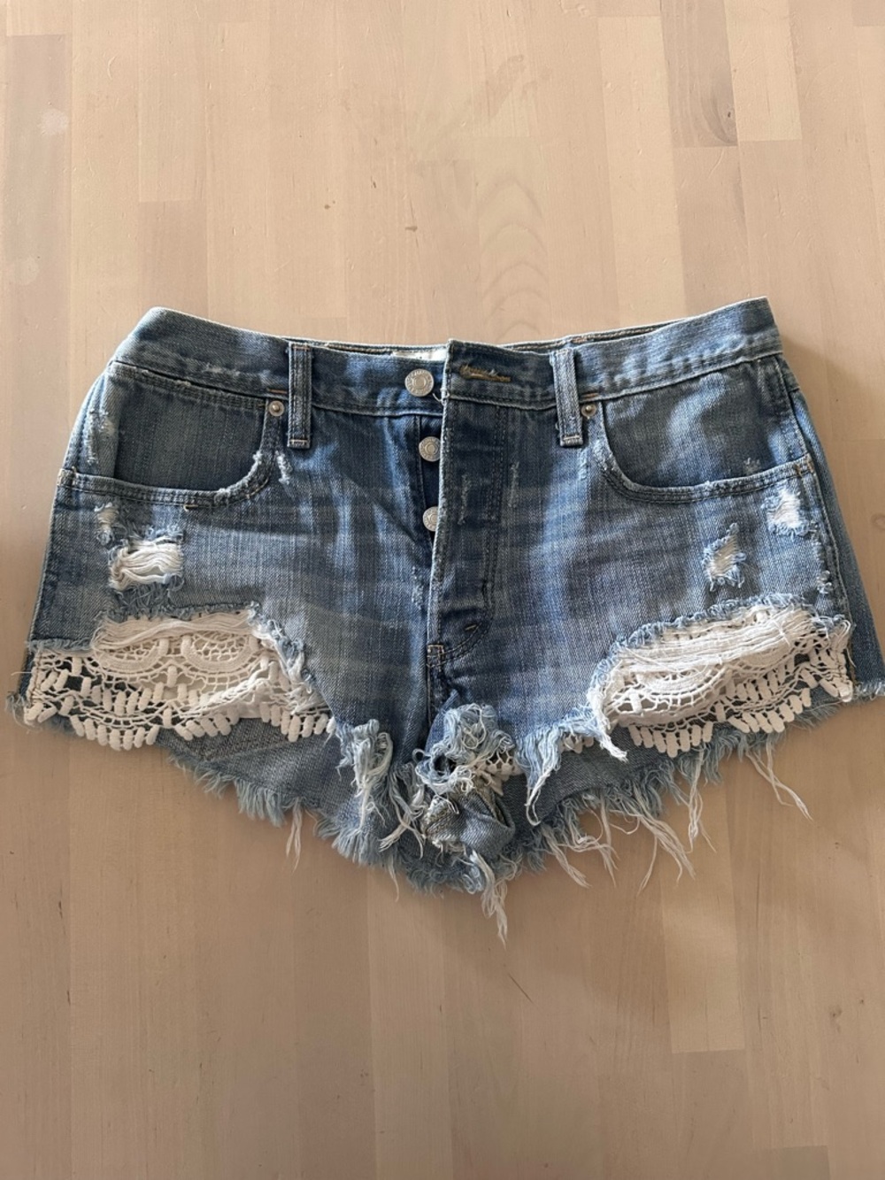 Abercrombie & Fitch Light Blue Distressed Denim Shorts with White Lace Trim